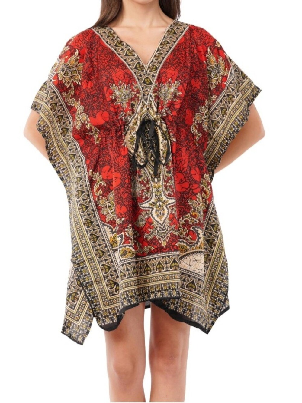Red Printed V-Neck Tunic with Black Tie and Gold Accents